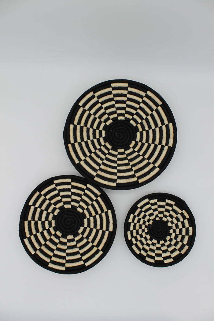 CheckerWeave handwoven set of 3 wall art ( black and neutral)