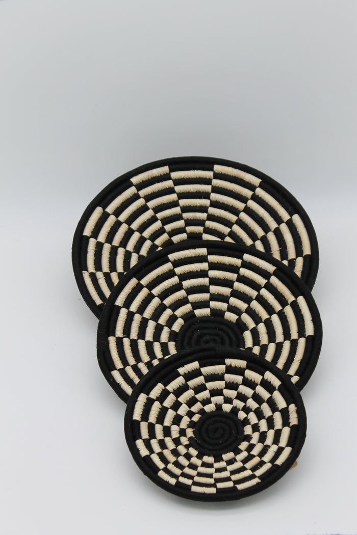 CheckerWeave handwoven set of 3 wall art ( black and neutral)