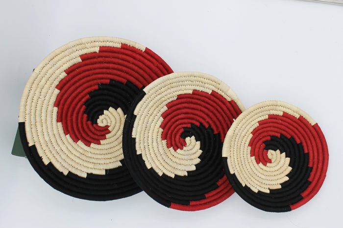 Classic red spiral handwoven set of 3 wall art (Maroon and black)