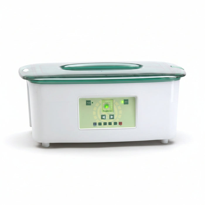 White ultrasonic cleaner with green accents on a white background