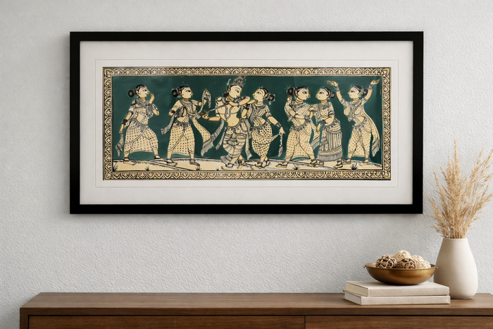 Framed Pattachitra Paintings – Radha and Lord Krishna surrounded by the Gopis| Handmade and Timeless