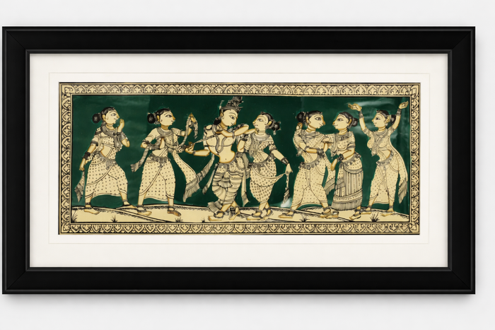 Framed Pattachitra Paintings – Radha and Lord Krishna surrounded by the Gopis| Handmade and Timeless