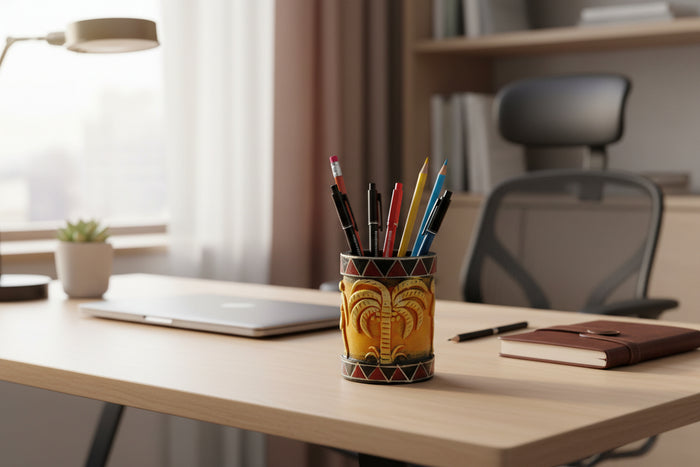 Handmade Recycled Paper Pen Stand with Tribal Art | Eco-Friendly Desk Organizer for Home & Office