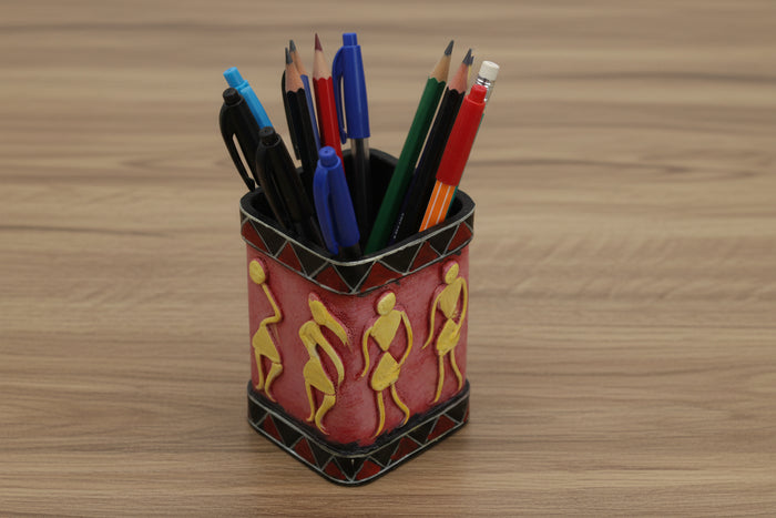 Handmade Recycled Paper Pen Stand with Tribal Art | Eco-Friendly Desk Organizer for Home & Office