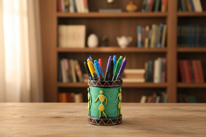 Handmade Recycled Paper Pen Stand with Tribal Art | Eco-Friendly Desk Organizer for Home & Office
