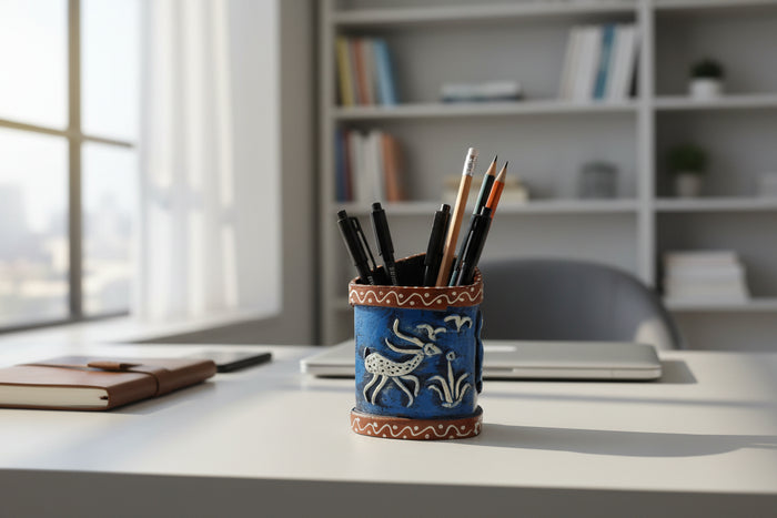 Handmade Recycled Paper Pen Stand with Tribal Art | Eco-Friendly Desk Organizer for Home & Office