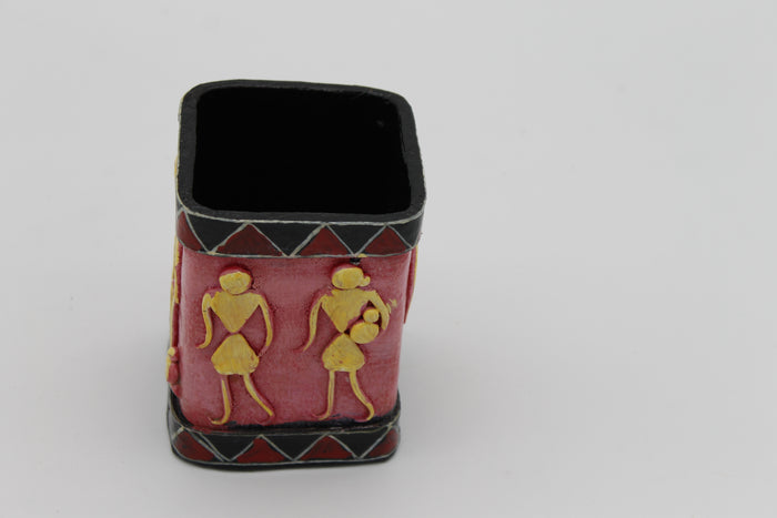 Handmade Recycled Paper Pen Stand with Tribal Art | Eco-Friendly Desk Organizer for Home & Office