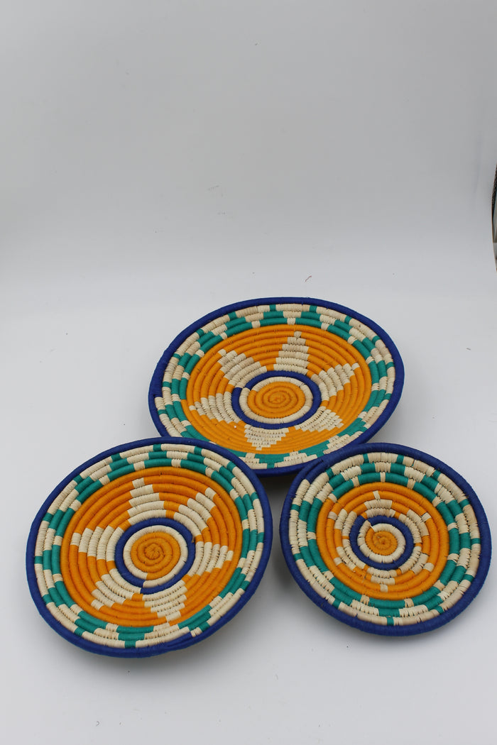 Multicoloured sunburst handwoven set of 3 wall art (Green, yellow and blue)