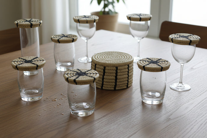 Sabai Grass Coasters – Handwoven Round Coaster Set of 6 with Storage Box | Eco-Friendly, Natural, Traditional Tableware | Size: 15 x 15 x 10 cm