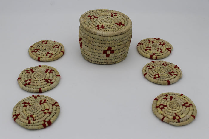 Sabai Grass Coasters – Handwoven Round Coaster with red pattern |Set of 6 with Storage Box | Eco-Friendly, Natural, Traditional Tableware | Size: 15 x 15 x 10 cm