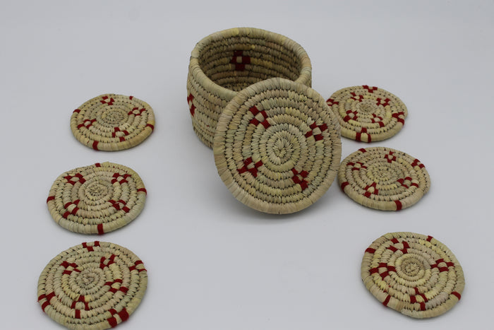 Sabai Grass Coasters – Handwoven Round Coaster with red pattern |Set of 6 with Storage Box | Eco-Friendly, Natural, Traditional Tableware | Size: 15 x 15 x 10 cm