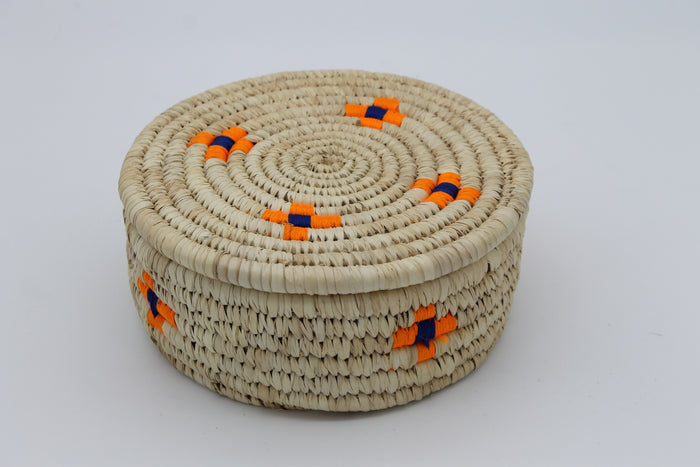 Small Round Multipurpose Handwoven Storage Box with Lid in patterns