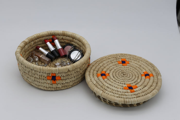Small Round Multipurpose Handwoven Storage Box with Lid in patterns