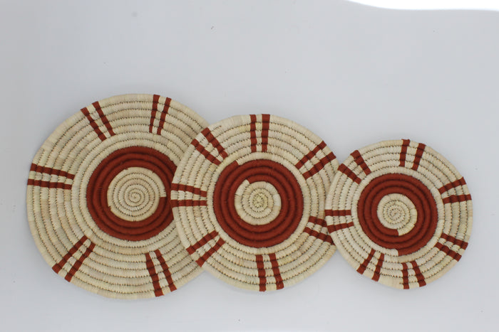 StripeRing handwoven set of 3 wall art ( Maroon and neutral)