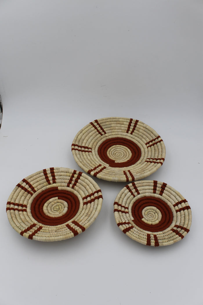 StripeRing handwoven set of 3 wall art ( Maroon and neutral)