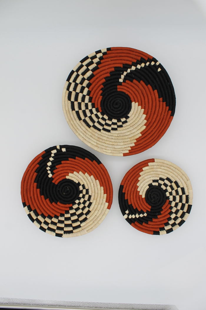 Tri - tone spiral handwoven set of 3 wall art ( black and brown)