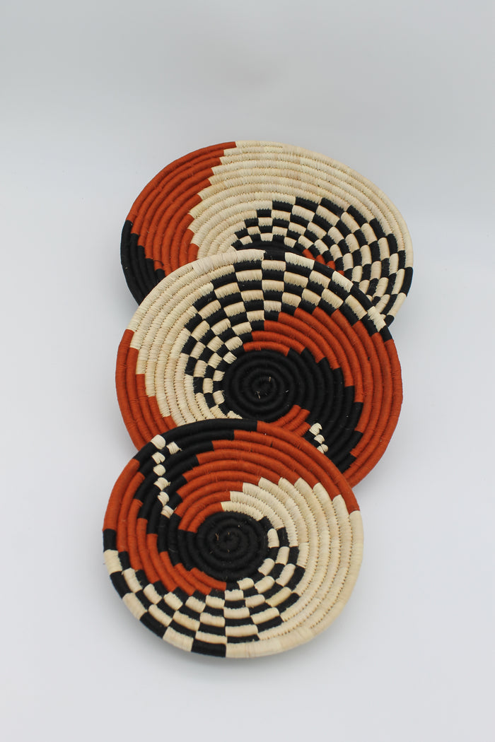 Tri - tone spiral handwoven set of 3 wall art ( black and brown)