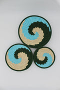 Triple hue spiral handwoven set of 3 wall art (Blue and green)