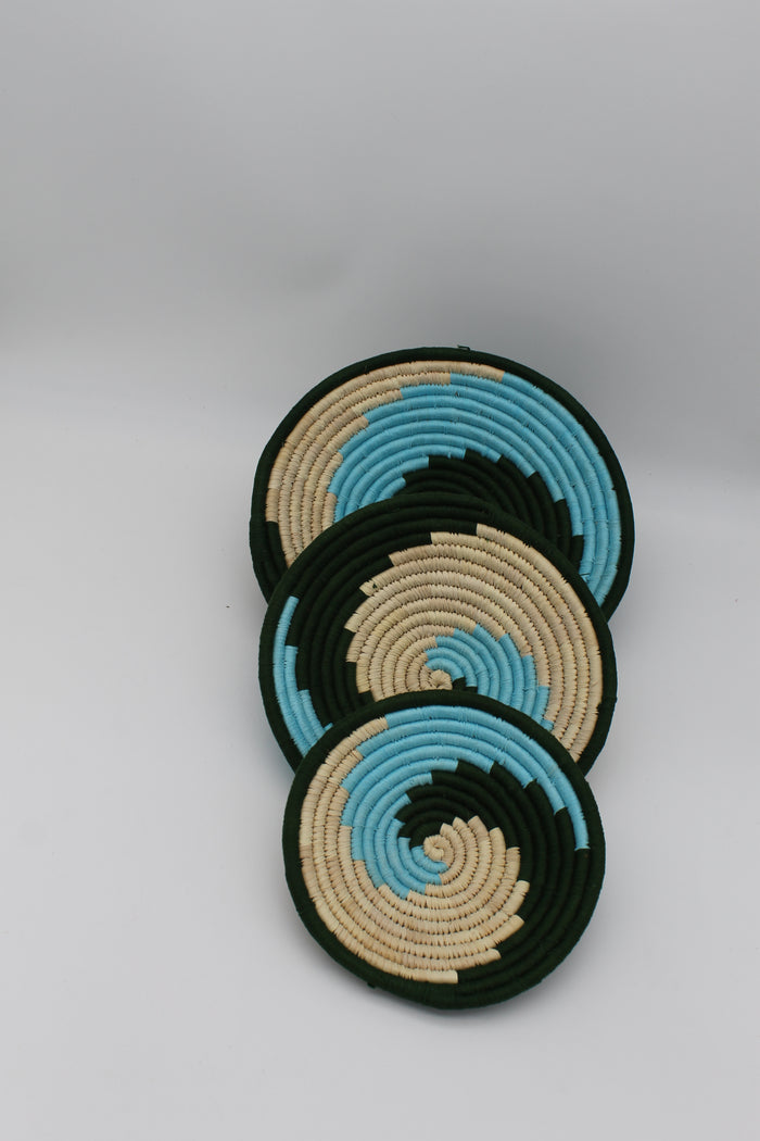 Triple hue spiral handwoven set of 3 wall art (Blue and green)