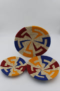 Vibrant rainbow spiral handwoven set of 3 wall art ( blue , red and yellow)